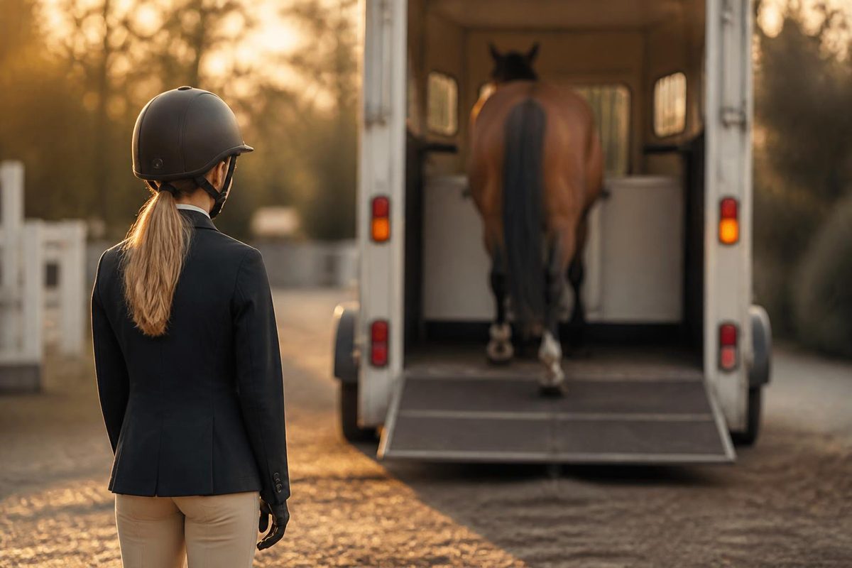 Une cavalière regarde son cheval monter dans un van par le pont arrière