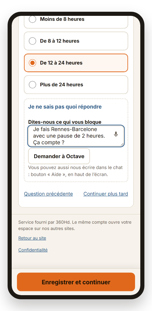 Écran de l'espace en ligne : une question du dossier et le bouton Demander à Octave