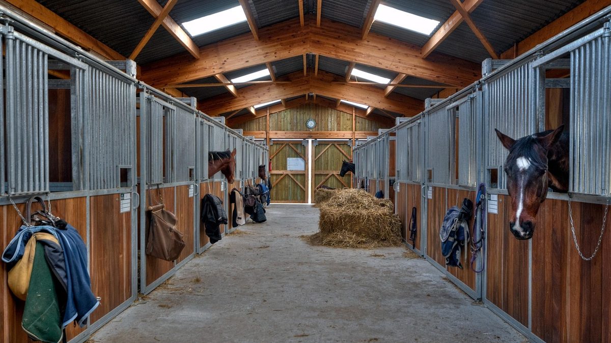 Allée d'une écurie avec boxes en bois et métal, un cheval la tête sortie de son box